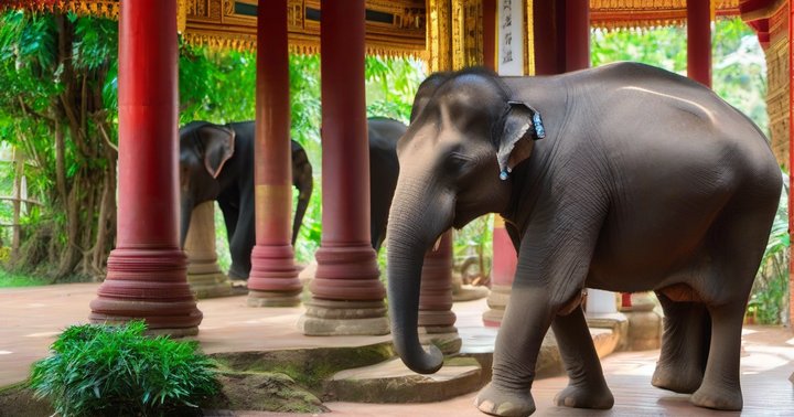 Elephant walking between red columns near Chiang Mai