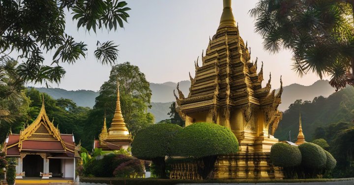 Misty summit of Doi Inthanon, Thailand's highest peak, with visitors walking between the two chedis