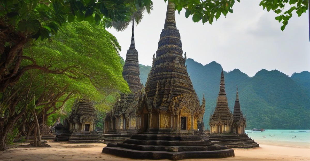 Temple spires and green mountains in Thailand