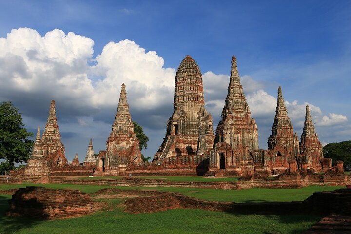 Brick temple ruins at Ayutthaya Historical Park under bright Thai sun